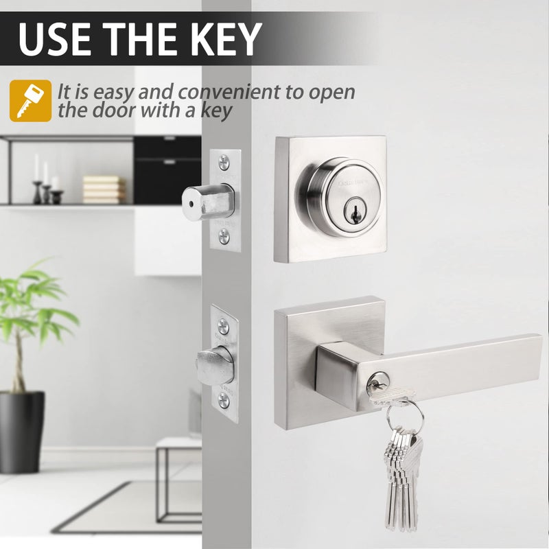 Cielsa Dawn Exterior Door Lock Set with Deadbolt, Front Door Handle Set, Door Levers Single Cylinder Deadbolt Set, Keyed Alike Heavy Duty Keyed Entry Handles Locksets (Satin Nickel, 3Pack) - Image 2